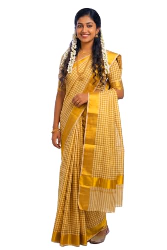 Image of Kerala Traditional Tissue Saree for Women with Running Blouse | South Indian Ethnic Saree for Weddings Onam Vishu Temple Wear & Festivals