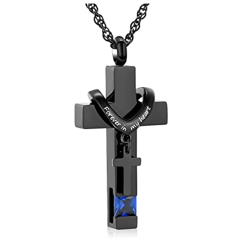 shajwo Cremation Cross Urn Necklace for Ashes Jewelry for Women Men Memorial Keepsake Birthstone Pendant for Human Pet,Dark Blue Cover