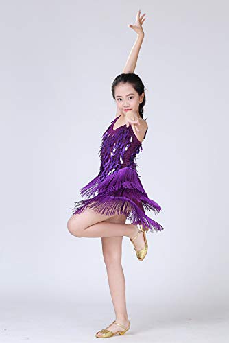 Happy Cherry Girl's Sequin Tassel Skirt Latin Dance Dress Costume Sparkling For Kids Ballet Tango Rumba Purple 130 #TOP3