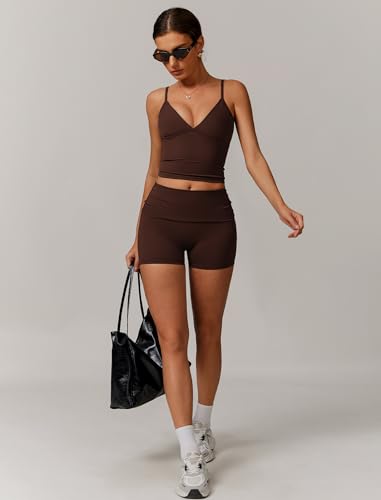 IMEKIS Sport Set für Damen Gym Outfit Gepolstert Yoga Crop Top und High Waist Shorts Zweiteiler Sportanzug Sommer Fitness Workout Bekleidung Kaffee S