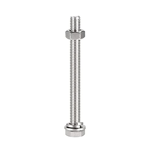 Image of uxcell M10 x 110mm Hex Head Screws Bolts, Nuts, Flat & Lock Washers Kits, 304 Stainless Steel Fully Thread Hexagon Bolts 6 Sets