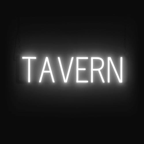 Image of SpellBrite LED Neon TAVERN Sign for Business - White, 25 inch x 6 inch | Ultra-Bright Click-Together Signage for Bars & Restaurants, with Visibility from 500 ft - 8 Animations, 6 Brightness Levels