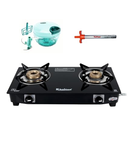 Khaitan Gas Stove Combo - One 2 Burner Nano Gas Stove + 1 Hindflame Gas Ligher + 1 Hindflame Chopper 500 ml, Toughened Glass