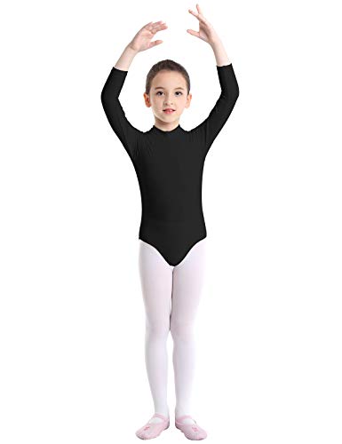 QinCiao Girls Kids Basic Stretch Long Sleeve Mock Turtle Neck Leotard Gymnastic Ballet Dance Leotard Active Top T-Shirt Black 7-8
