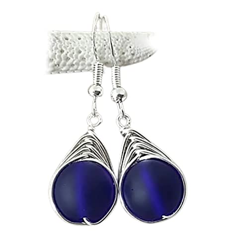 Yinahawaii Handmade Sea Glass Earrings, Hawaiian Jewelry for Women, Braided Small Round Earrings, Unqiue Sea Glass Jewelry For Women Birthday Gift For Women (Cobalt - September)