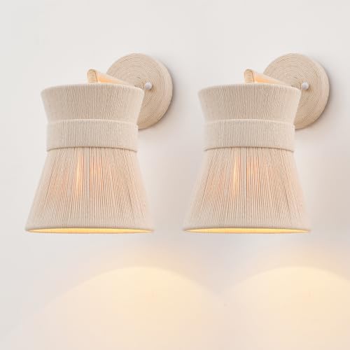 MhyTogn Set of Two Hand Woven Wall Sconces Boho Wall Lamp White Coastal Wall Lights for Bedside Hallway Vanity Stairway Fireplace Living Room UL Listed