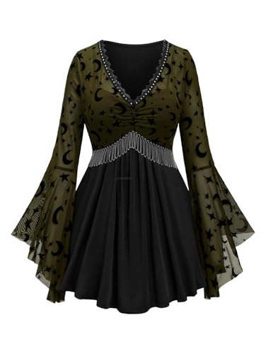 Rosegal Damen-T-Shirt, Übergröße, romantisch, Gothic, Schnürung, Glockenärmel, Renaissance-Oberteil, Gothic-Kostüm, Oberteil, Grün_1, 5X Rosegal Damen-T-Shirt, Übergröße, romantisch, Gothic, Schnürung, Glockenärmel, Renaissance-Oberteil, Gothic-Kostüm, Oberteil, Grün_1, 5X