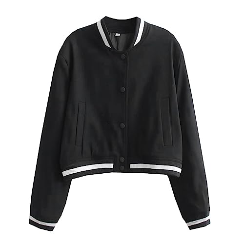 Veste de baseball courte pour femme col montant et boutons discrets en noir