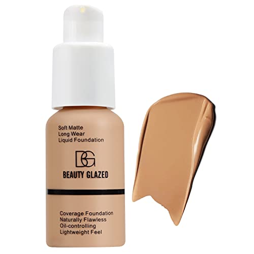 Beauty Glazed Soft Matte Silky Full Coverage Liquid Foundation, Multi-Use Buildable Foundation Lightweight Feel Oil Control Longwear Naturally Flawless Coverage Foundation (105 Sand) #TOP24