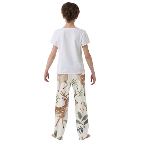 ZZXXB Deer and Flowers Boys Long Pants Soft Trousers Elastic Waist Kids Lounge Bottoms with Pockets S-XL3