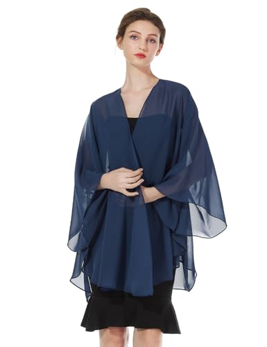 BEAUTELICATE Kimono Cardigan En Mousseline De Soie Femme Boléro Couverture Avec Manche Veste Transparent Grande Taille Pour Soirée Mariage Mariée(Taille unique, Bleu Marine)