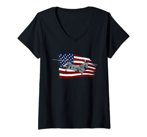 Mujer Ch-46 Sea Knight Helicóptero Camiseta Bandera de Estados Unidos Camiseta Cuello V