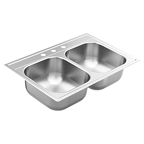 Moen Gs202133Q 2000 Series 33-Inch 20 Gauge Drop-In Double Bowl Stainless Steel Kitchen Sink, Featuring Quickmount #TOP5