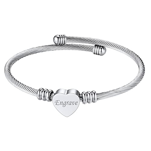 Custom4U Personalized Cuff Bracelets Custom Name Bangle Bracelet Inspirational Words Text Any Message Engraved Memory Jewelry Customized Gifts for Women BFF (Gift Box) 5.0-Silver Color