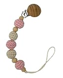 Handmade Crochet Pacifier Clip Holder with Wood and Crochet Beads (Rose & Beige)