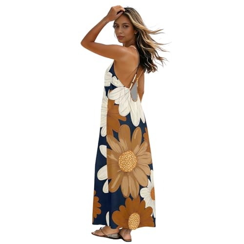 Robe d'été vintage bleu foncé à motif marguerite et dos nu