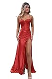 Xijun Women's Mermaid Satin Prom Dresses with Beaded Spaghetti Straps Evening Dress Long Corset Backless Formal Party Gowns US6 Red