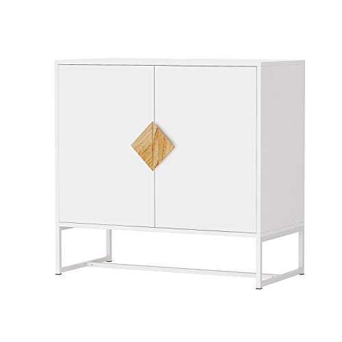 RASOO Sideboard 2 Doors White Modern Kitchen Buffet Storage Cabinet Cupboard Furniture with Solid Wood Square Handles and Metal Legs