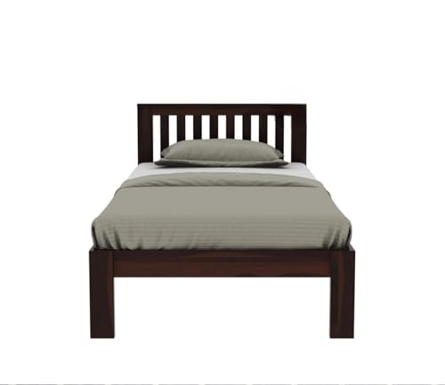 Image of KR Furniture Single Bed with Verticle Slatted Headboard | Solid Sheesham Wood Bed Frame | Strong Wooden Cot for Bedroom, Guest Room, Hostel & PG | Minimalist Bed | 6x3 Ft | Walnut Finish