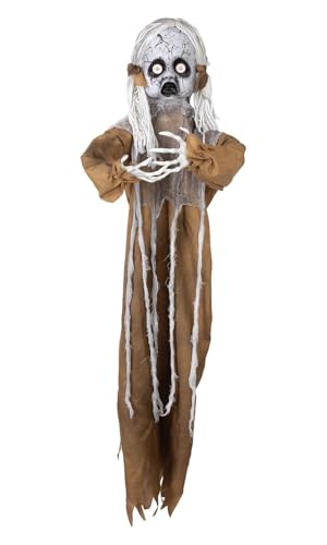 P'tit Clown - 24060 - Automate Halloween Animé - Animatronique Poupée effrayante à Suspendre - Animatronics - Sonore et Lumineuse - 120 cm - Décoration - Fonctionne avec 3 Piles AA (Non incluses)