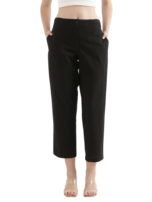 Image of SAADAA Women's Airy Linen Straight Pants | Regular Fit Trousers | Half Elasticated with Drawstrings & Buttons | 4 Pockets | Everyday & Office Wear