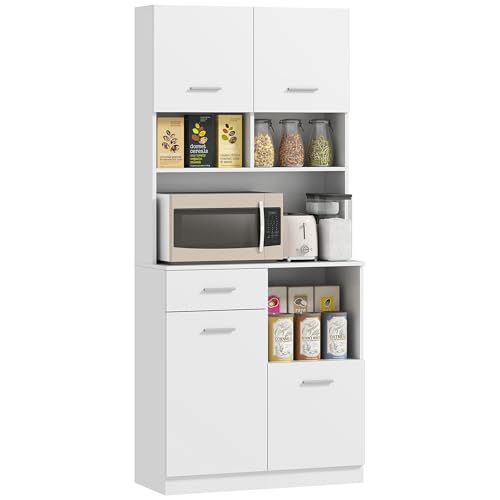HOMCOM Credenza Cucina Alta con Cassetto, 4 Armadietti e 3 Scomparti Aperti, Mobile Dispensa con Ripiano Regolabile in Legno, per Soggiorno e Cucina, 80x35x180 cm, Bianco
