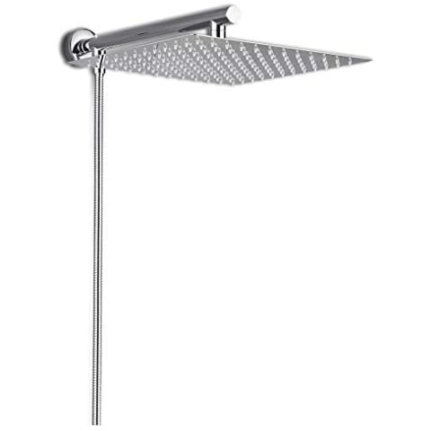 Rozin Wall Mount 12 inch Rainfall Square Shower Head with Shower Arm Shower Hose Stainless Steel Chrome Finish Cover