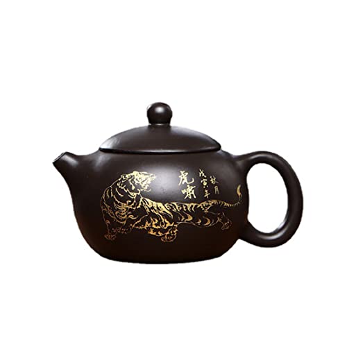 Image of Xishi Teapot 7oz Chinese Yixing Zisha Clay Pot Ceramics Purple Sand Mud Kungfu Tea Set Kettle Spherical Filter (Black with golden tiger)