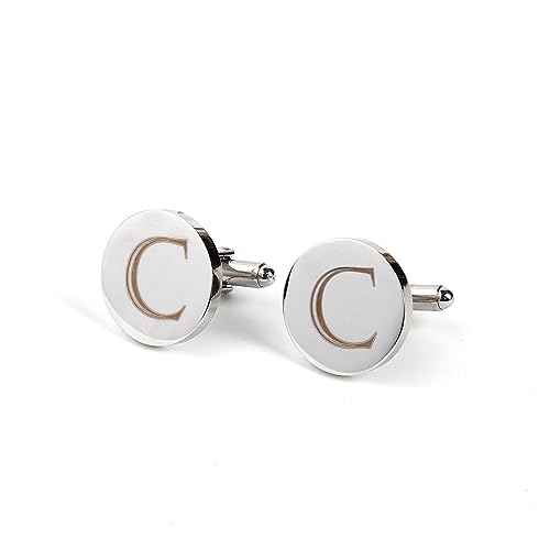 Image of Mens Initial Silver Cufflinks A-Z Alphabet Letter Steel Cuff Links with Engraved Walnut Wood Box Groom Groomsman Wedding Set