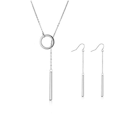 BELUCKIN 2Pcs Lariat Y Necklace Bar Earrings Set for Women Minimalist Drop Bar Y Chain Pendant Long Tassel Stick Dangle Earrings (Silver)