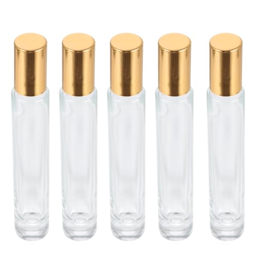COMPUKAS Botellas Rodillo de Vidrio Dorado 10ml para Perfume Recargable, Paquete de 5 Piezas, Fáciles de Limpiar y Rellenar, Ideales para Viajar