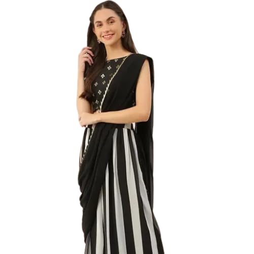 Image of Fusion Style Striped Black and White Saree with Sharara