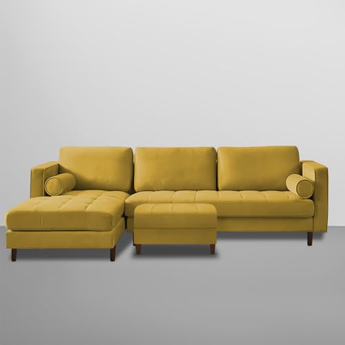 Image of Lezra LHS 4 Seater L Shape Sofa Set with Center Table for Living Room (Yellow Fabric) Premium Fabric Sofa