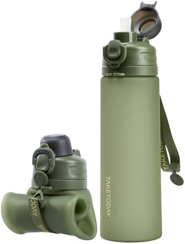TakeToday Collapsible Water Bottles 21oz (600mL), Foldable Platinum Silicone Travel Water Bottle with Straw & Carry Strap, Leak-Resistant Screw Lid, Wide Mouth, BPA-Free for Hiking, Camping, Travel