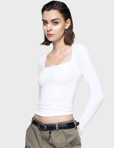 PUMIEY Women's Square Neck Long Sleeve T Shirts Slim Fit Tops Basic Tee Smoke Cloud Pro Collection