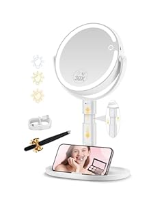 MOMOKUBA Kosmetikspiegel mit Beleuchtung, Schminkspiegel mit Beleuchtung Höhenverstellbarer, Vergrößerungsspiegel mit Licht 30-Fach, Doppelseitig 360° Drehbar, 3 Farbiger Rund Spiegel mit Licht Weiß