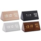 Orologio digitale in legno con lettura di temperatura e umidità, ampio display numerico, 12 ore e 24 ore, cavo USB commutabile fornito (nero)
