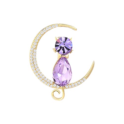 Broche chat améthyste et croissant de lune, cadeau mignon pour femme