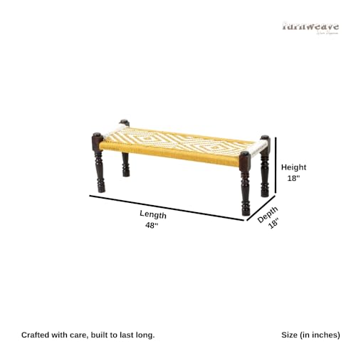 Image of Wooden Bench for Seating | Handcrafted Sheesham Wood Bench for Living Room, Balcony & Garden | Traditional Patio for Outdoor with Cotton Handwoven Rope | Yellow and White