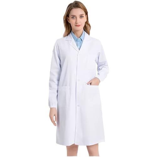 THQAE Bata Laboratorio Mujer, Bata Blanca Laboratorio Bata Enfermera Mujer Bata Medico Manga Larga Doctora Disfraz para Estudiantes Escuela Laboratorio de Ciencia Cosplay, Puños elásticos, XXL