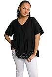 Ulla Popken Damen Tunic, Embroidery, V-neck, Half Sleeve, Linen Mix Tunika Shirt, Black Beauty (Ersatzfarbe), 50-52 EU
