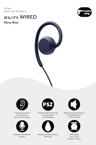 Image of nwm Wired On-Ear Speakers (Open Ear Earphones) Prevent Sound Leakage with PSZ Technology Including Microphone Designed by NTT Sonority in Japan | Navy Blue
