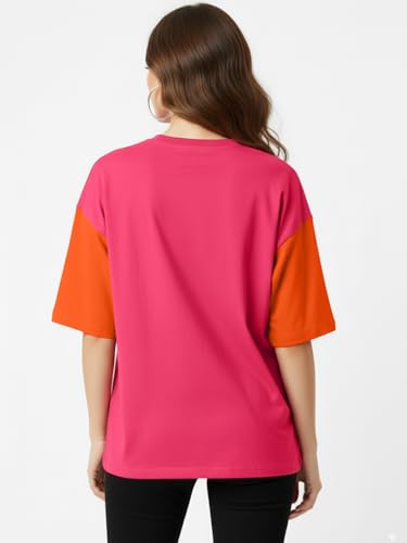 Image of LEOTUDE Half Sleeve Cottonblend Oversized Tshirt for Women, Round Neck Longline Printed Raglan Sleeve Colourblocked Drop Shoulder Baggie T-Shirt Top for Woman (Color Pink)
