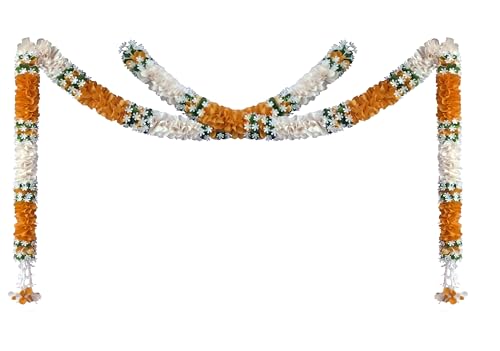 Image of Artificial White Gajra Jasmine & Colourful Flower Strings for Wedding Decorations, Event Decor Perfect for Diwali, Ganpati & Pooja /Temple /Mandir Decoration, 5ft (12, Orange - 5ft)
