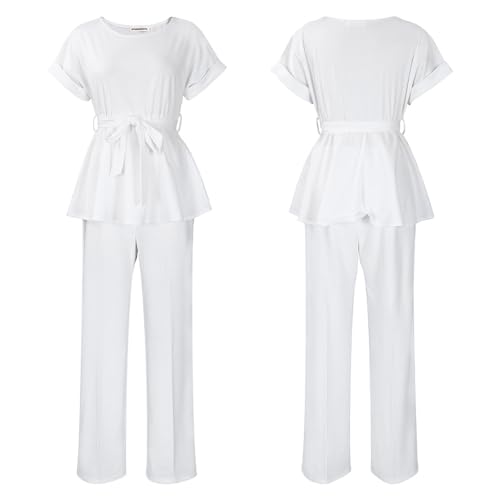 Ekaliy Women Two Piece Outfits Pants Suit Sets Peplum Pullover Tops Long Flared Pants Sets White L