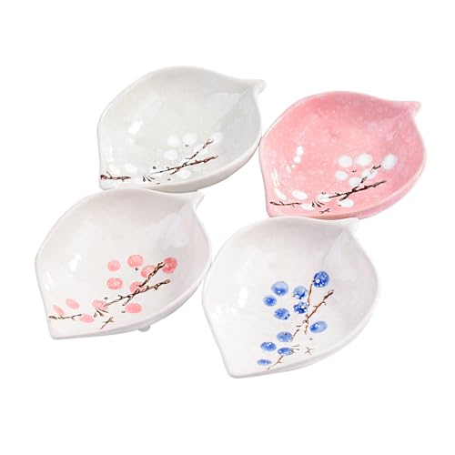 4-Piece Japanese Style Leaf Shaped Ceramic Dipping Bowl Set - 4-Inch Hand-Painted Plum Blossom Soy Sauce Dishes - Small Porcelain Condiment Bowls for Sushi, Vinegar, Ketchup - Set of 4, Mixed Colors