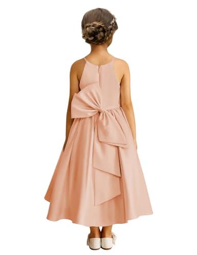 Girls Spaghetti Straps Flower Girl Wedding Party Maxi Dress with Bow Knot Formal Evening Pageant Satin A Line Dress