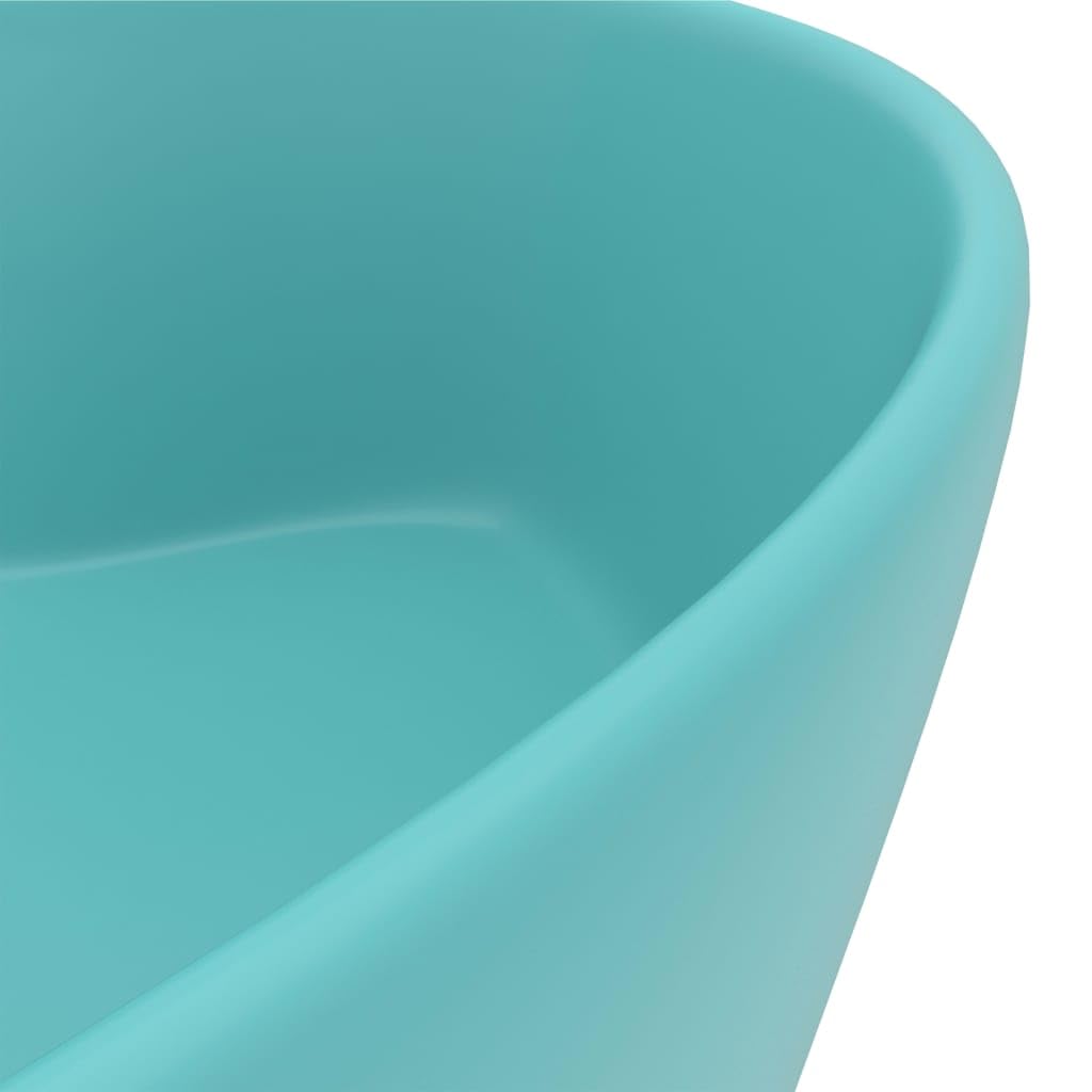 Okrągła umywalka ceramiczna z przelewem 36 x 13 cm | Matowy jasnozielony, otwór na kran, odpływ 4,5 cm, do konsoli łazienkowej