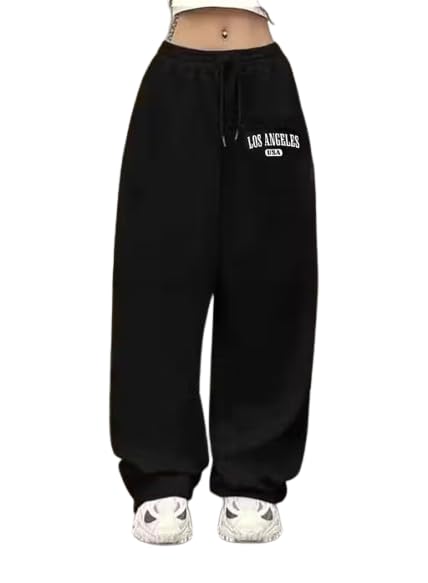 Image of Women's Baggy Jogger Pants | Oversized Loose Fit Sweatpants for Girls | High Waist Drawstring Track Pants | Printed Casual Lounge Wear | Black