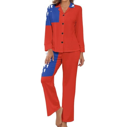 Pyjama femme imprimé drapeau du Myanmar ensemble vêtement de nuit boutonné manches longues deux pièces